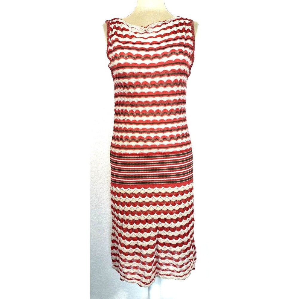 M Missoni Fish Scale Metallic Knit Dress Red Pink Sleeveless Midi IT 44 US 8